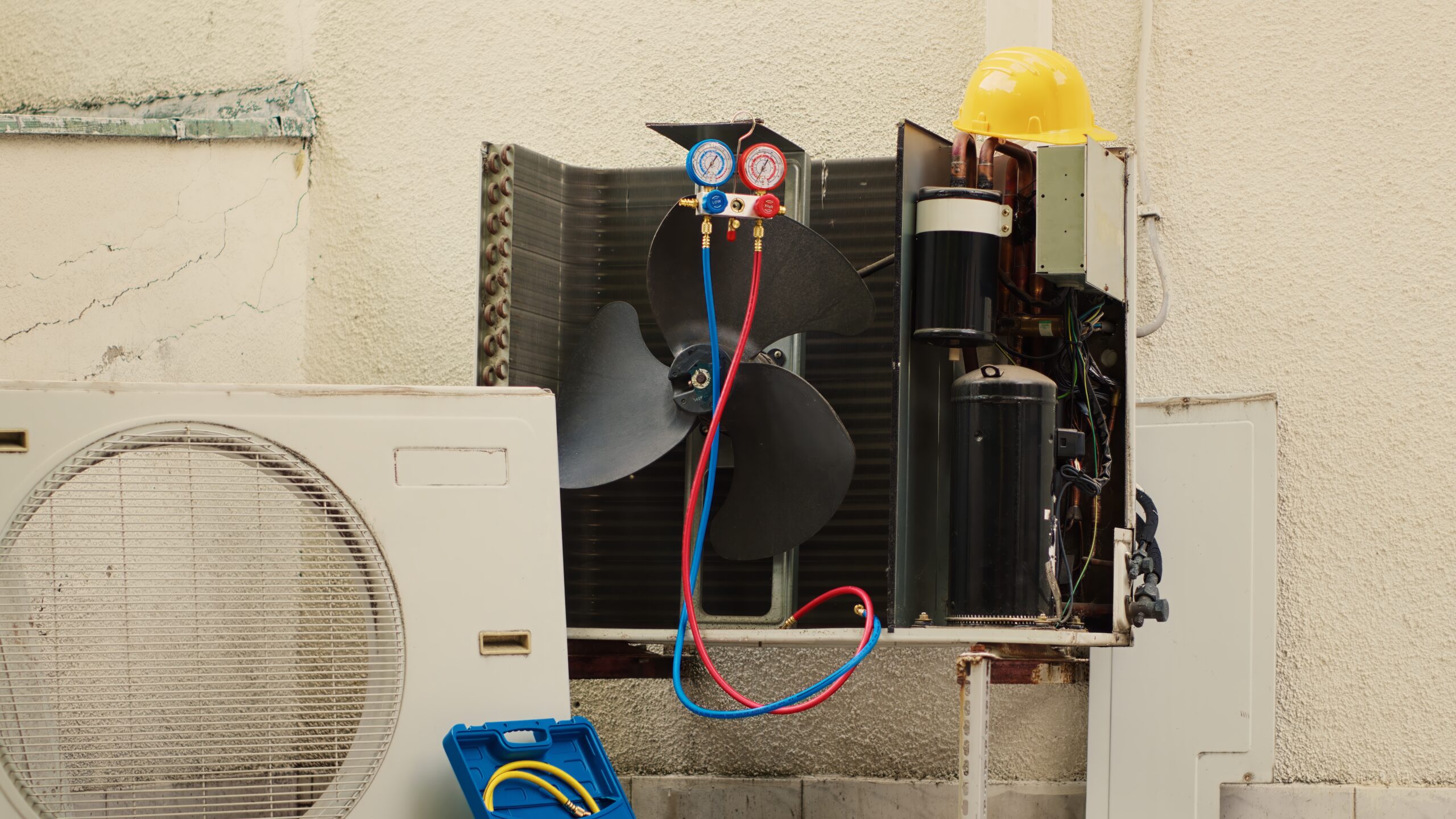 Zoom in shot of damaged external air cooling unit with protection cover removed in need of repairing, with malfunctioning internal parts. Outside condenser not working anymore, ready to be repaired