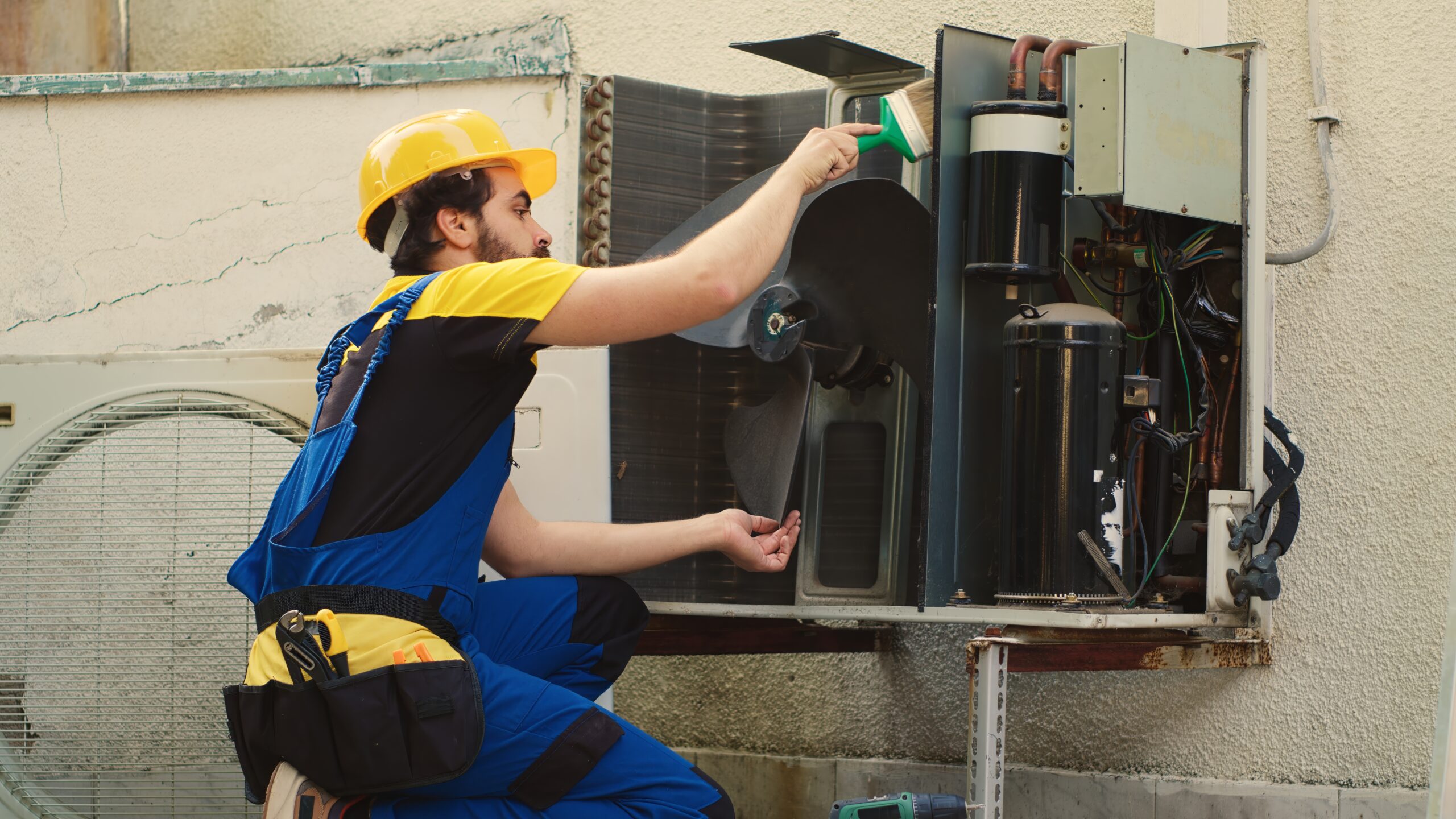 Skilled HVAC engineer removing layer of dust from blower fan to prevent ventilation system damage. Precise mechanic cleaning internal parts to stop risk of condenser overheating